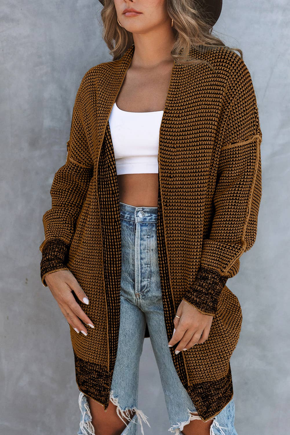 Plaid Knitted Long Open Front Cardigan
