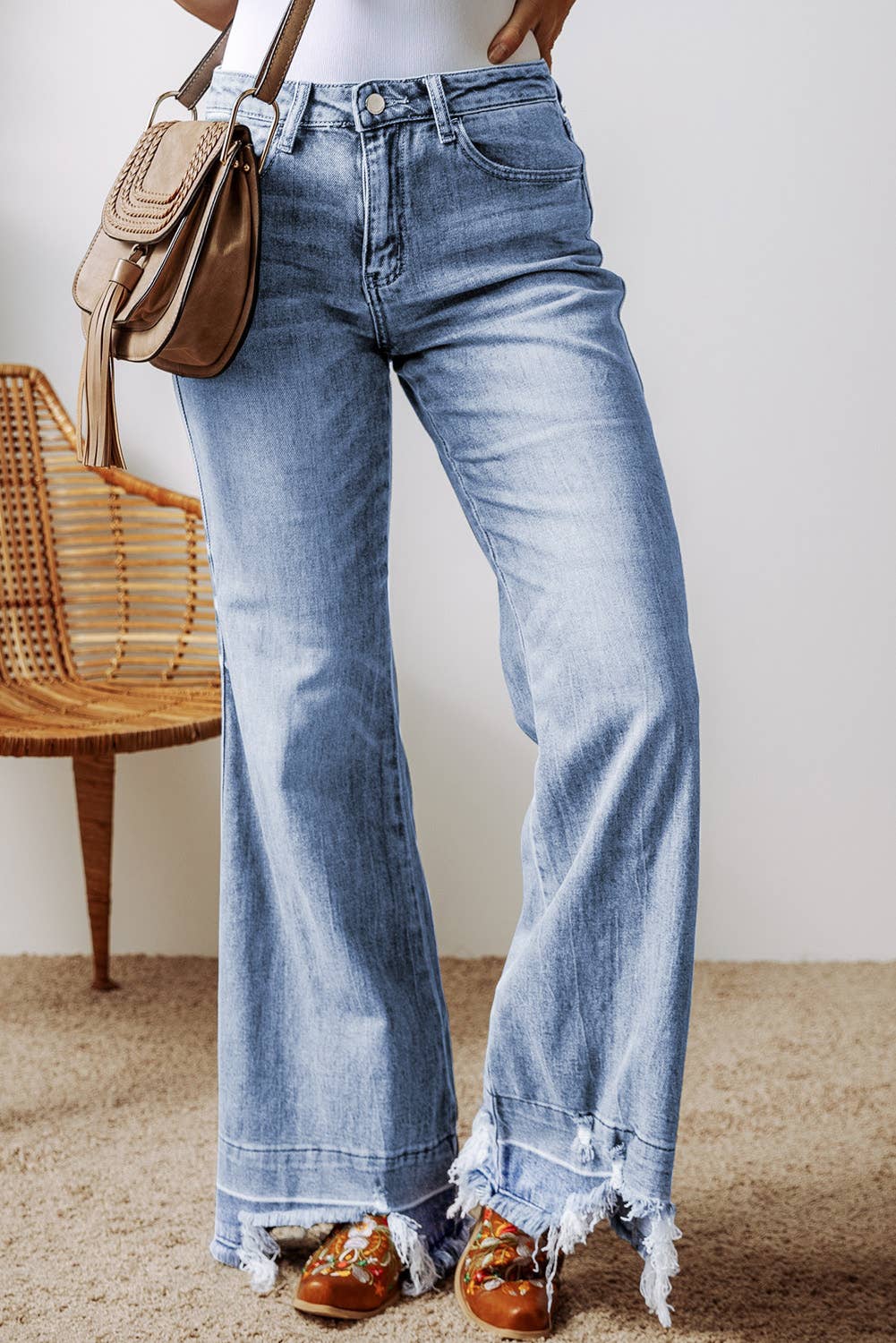 Acid Wash Raw Hem High Waist Flared Jeans