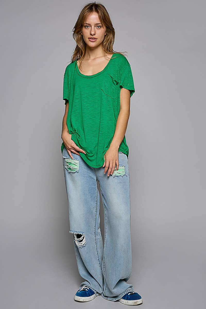 POL Scoop Neck Rayon Slub Tee with Pocket Front and Short Sleeve