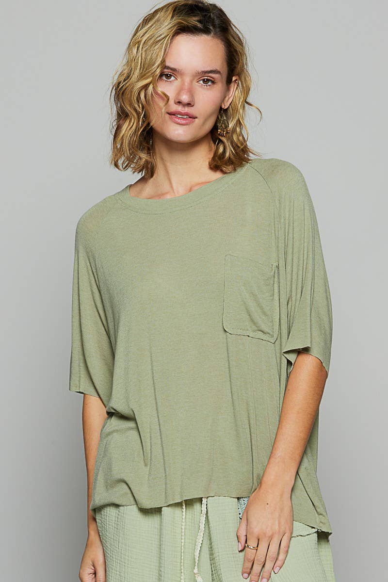 Vintage washed short sleeve front pocket solid top