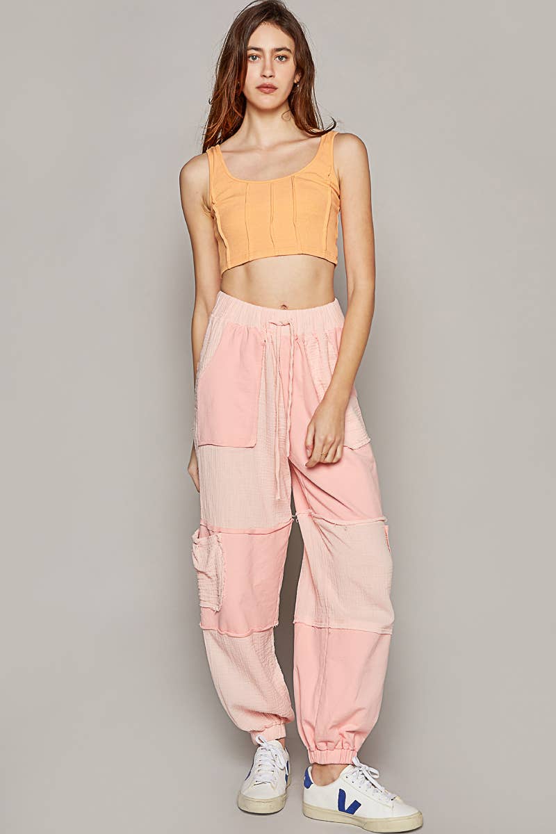 Contrast gauze open cargo pockets elastic waist joggers