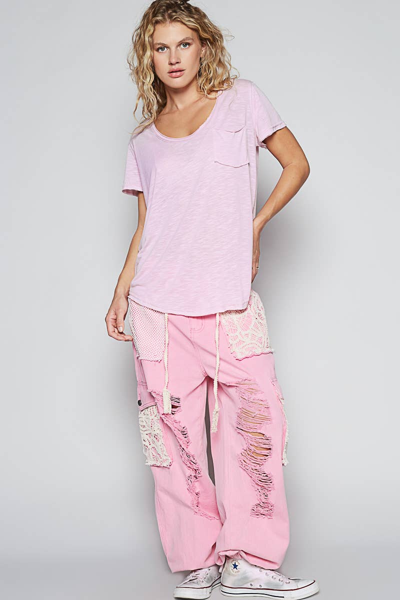 POL Scoop Neck Rayon Slub Tee with Pocket Front and Short Sleeve