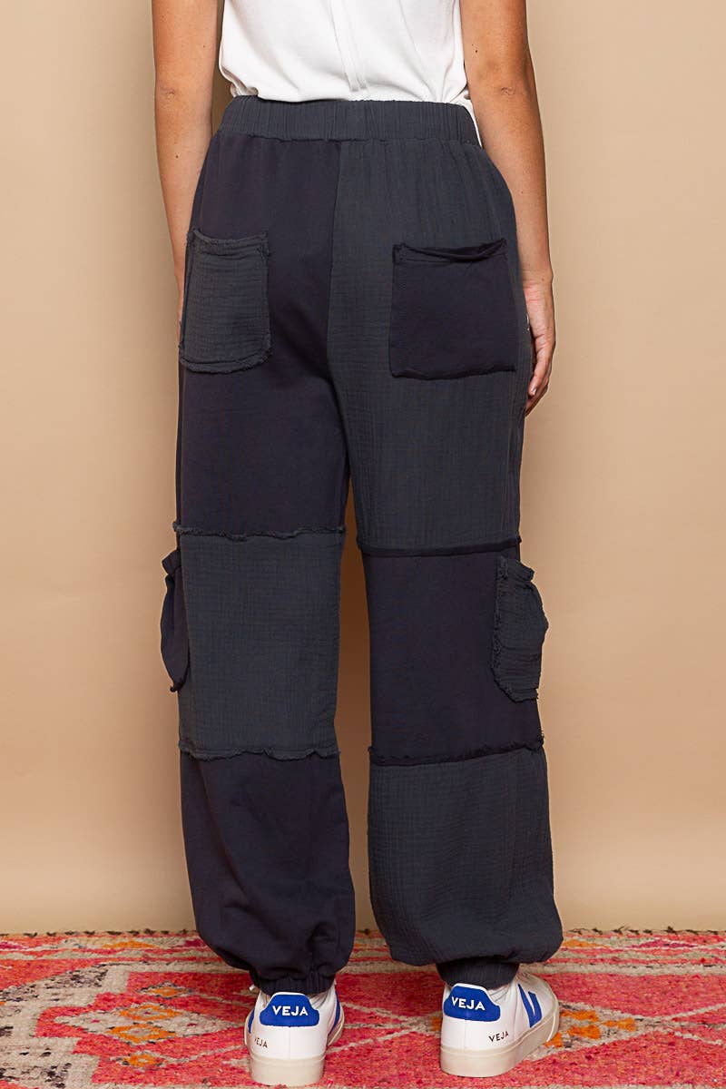 Contrast gauze open cargo pockets elastic waist joggers