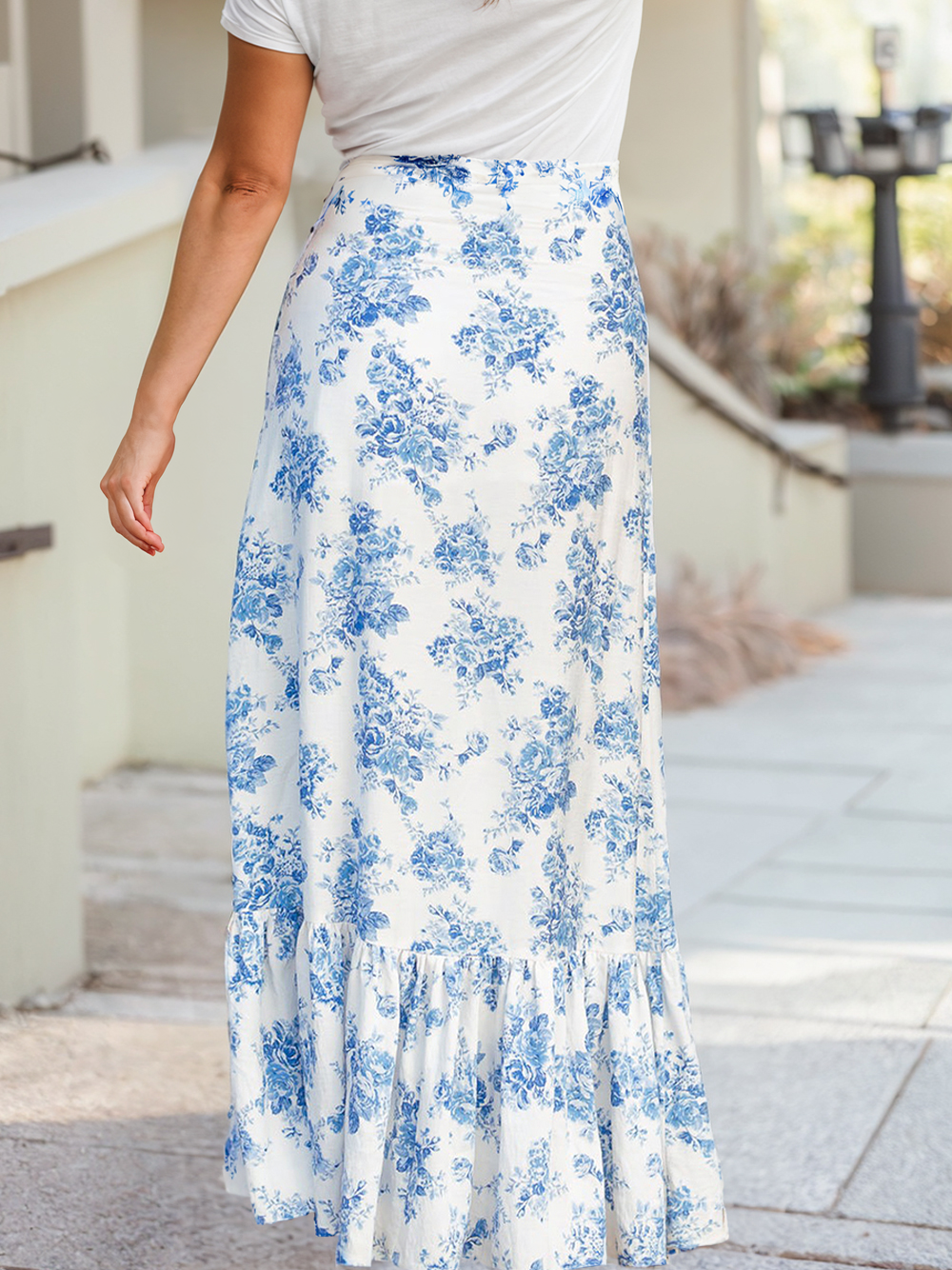 Boho Floral High Waist Ruffle Split Maxi Skirt