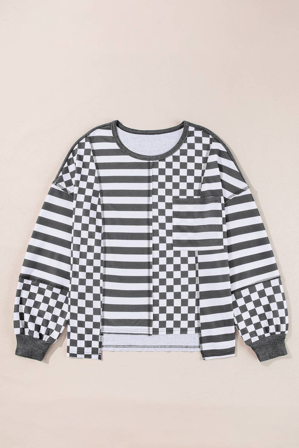 Checkered Striped Puff Long Sleeve Top