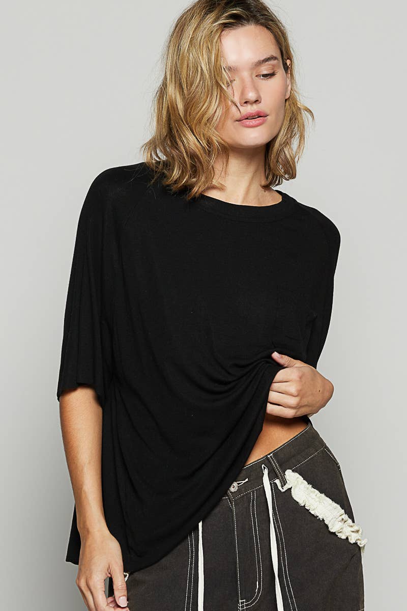 Vintage washed short sleeve front pocket solid top