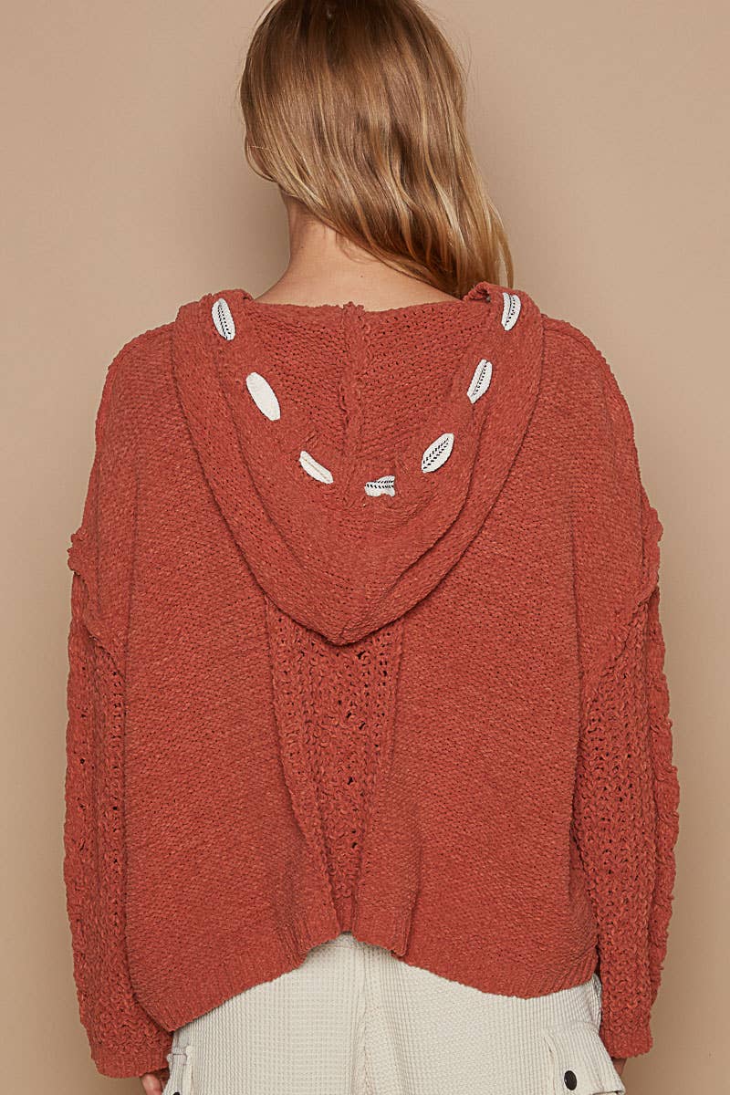 Oversize fit v-neck hooded cable knit chenille sweater