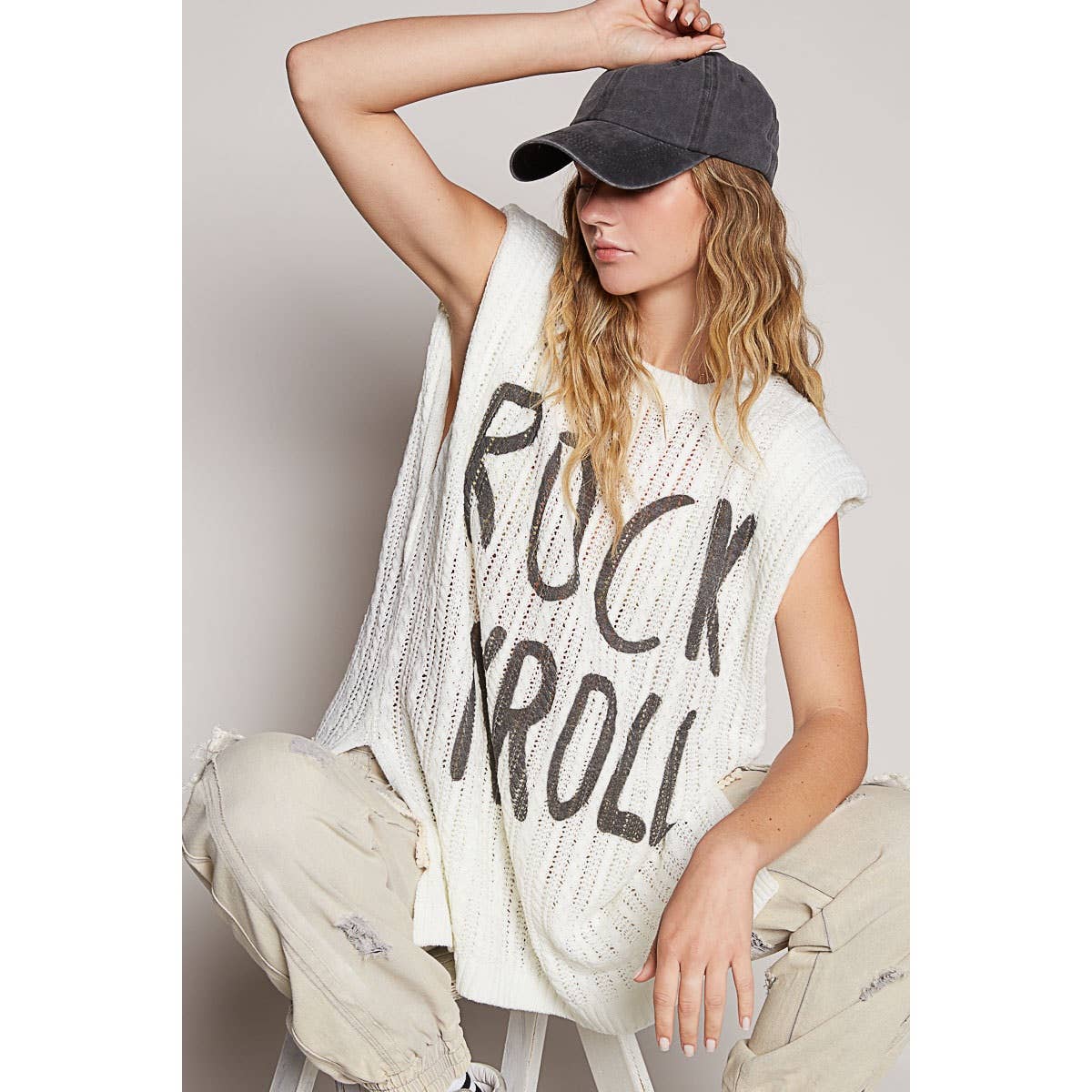 Graphic lettering round sleeveless top