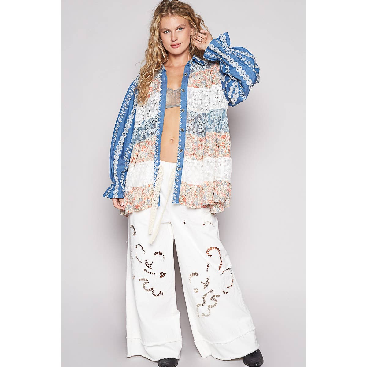 POL Balloon sleeve floral print lace patch shirt dress