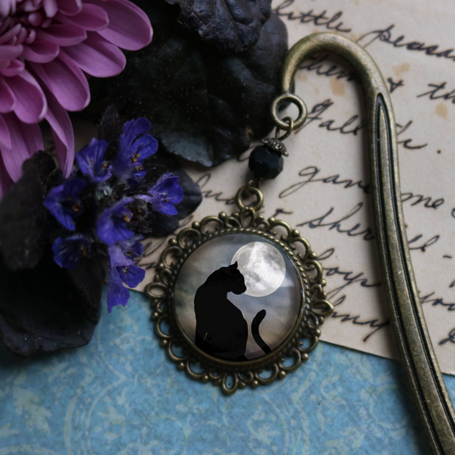 Black Cat on Full Moon Goth Halloween Bronze Bookmark