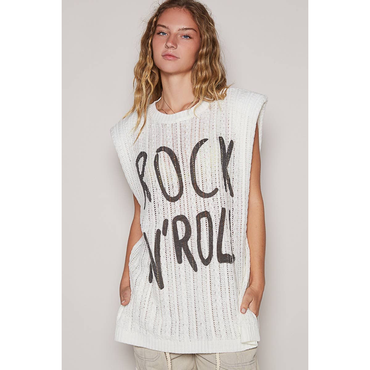 Graphic lettering round sleeveless top