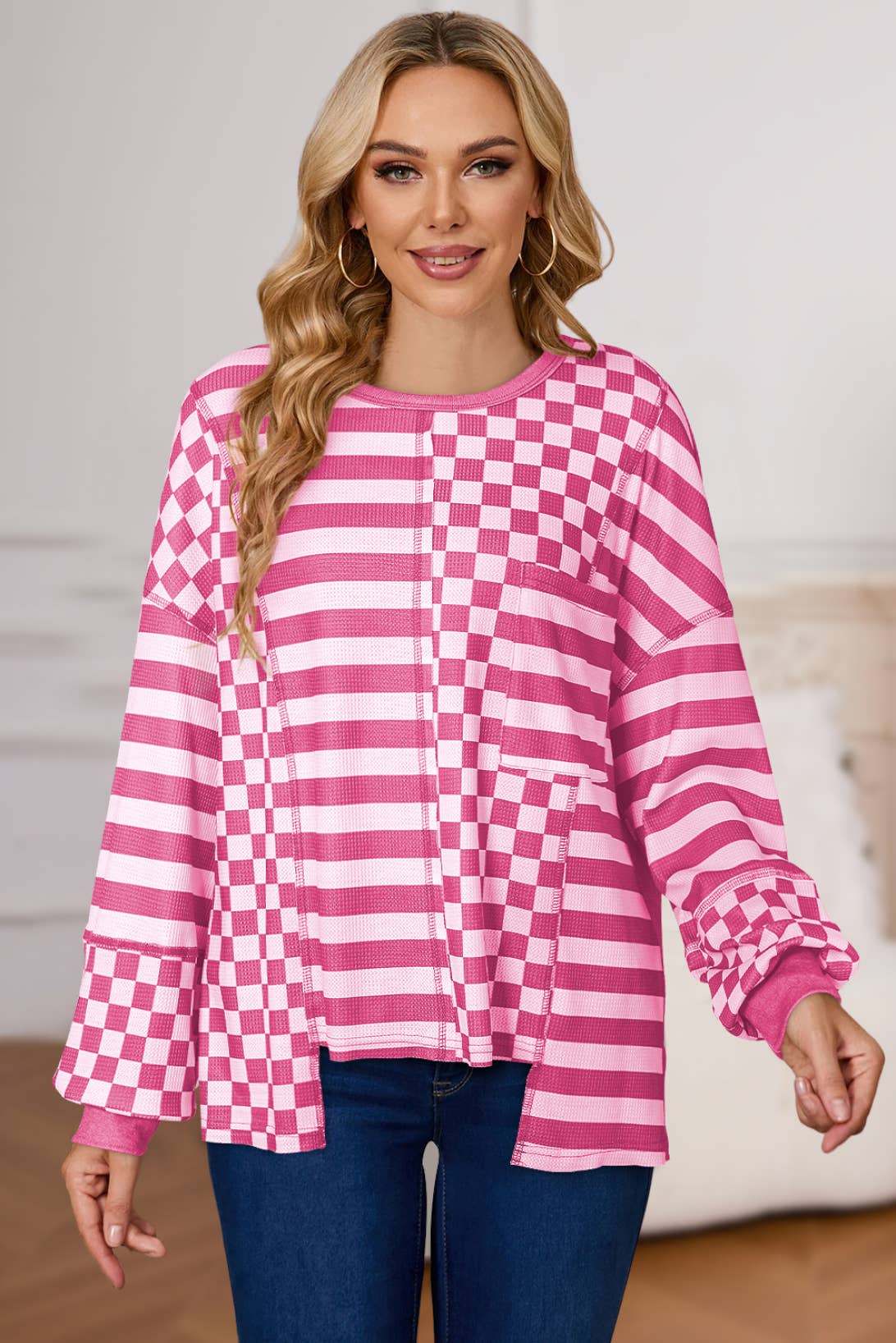 Checkered Striped Puff Long Sleeve Top