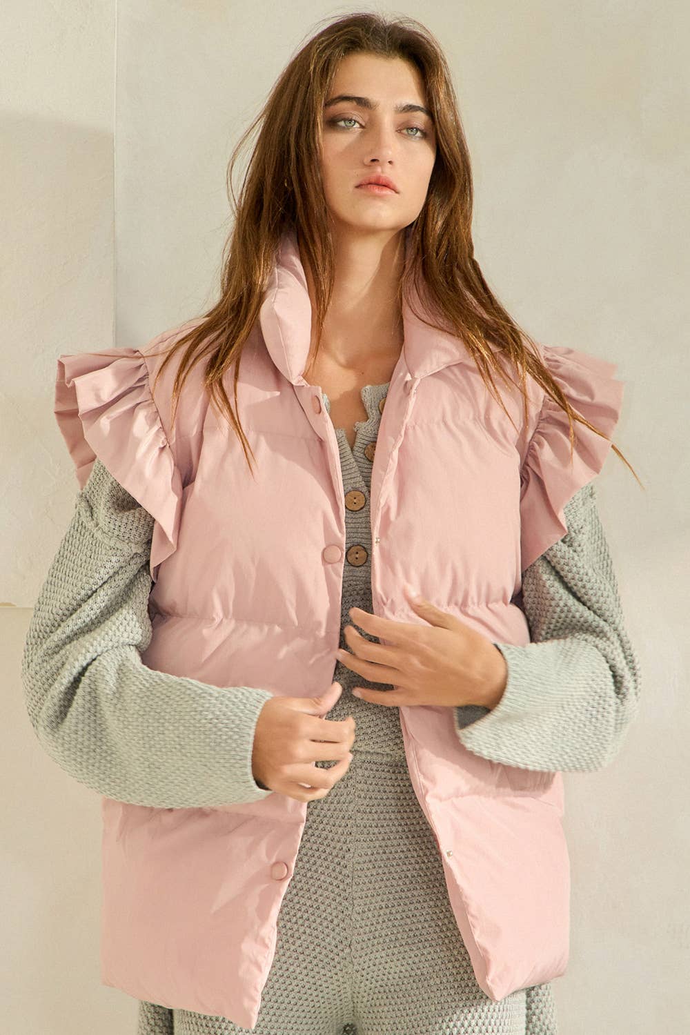 Ruffle Sleeve Down Vest