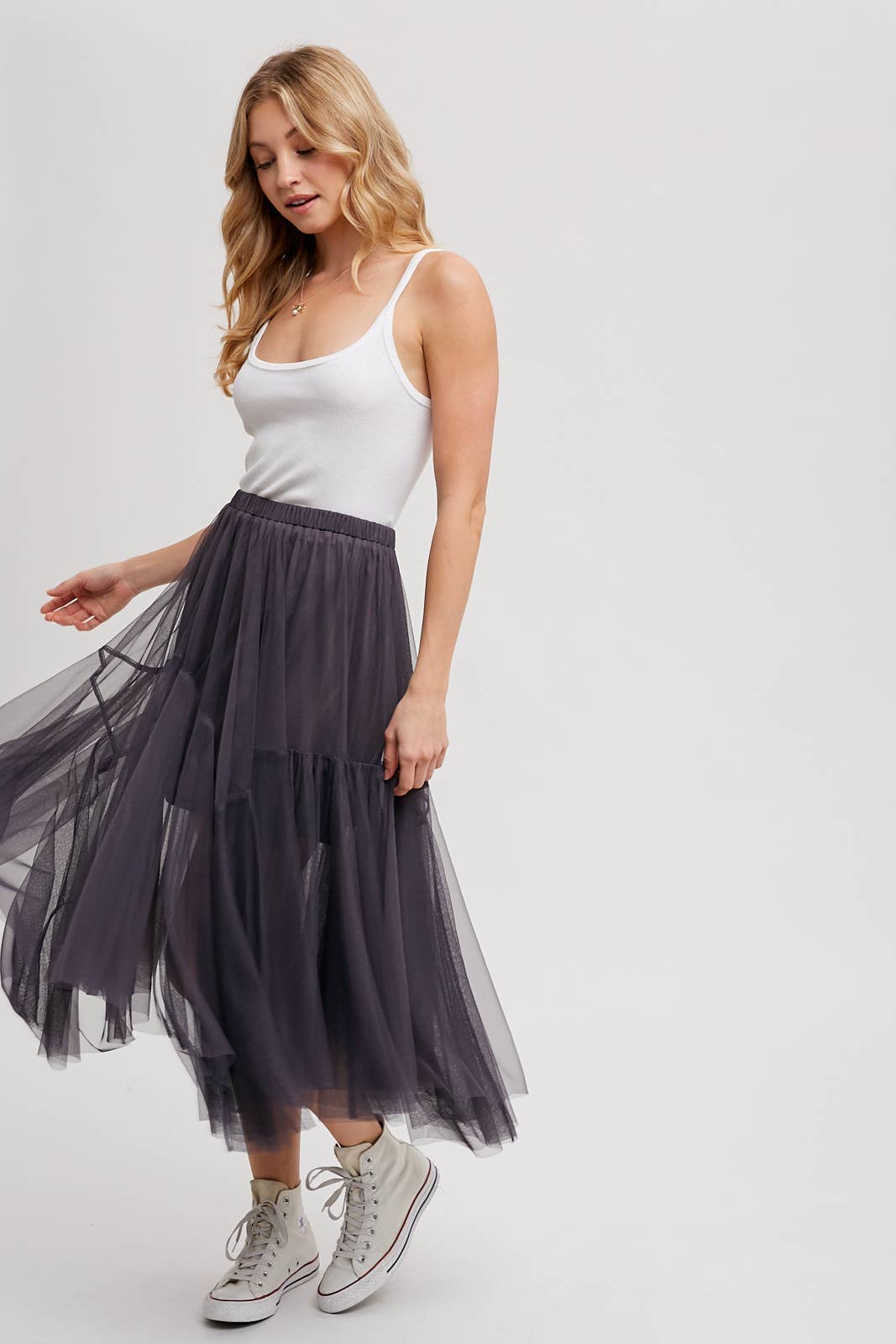 Bluivy MESH PLEATED MIDI TULLE SKIRT