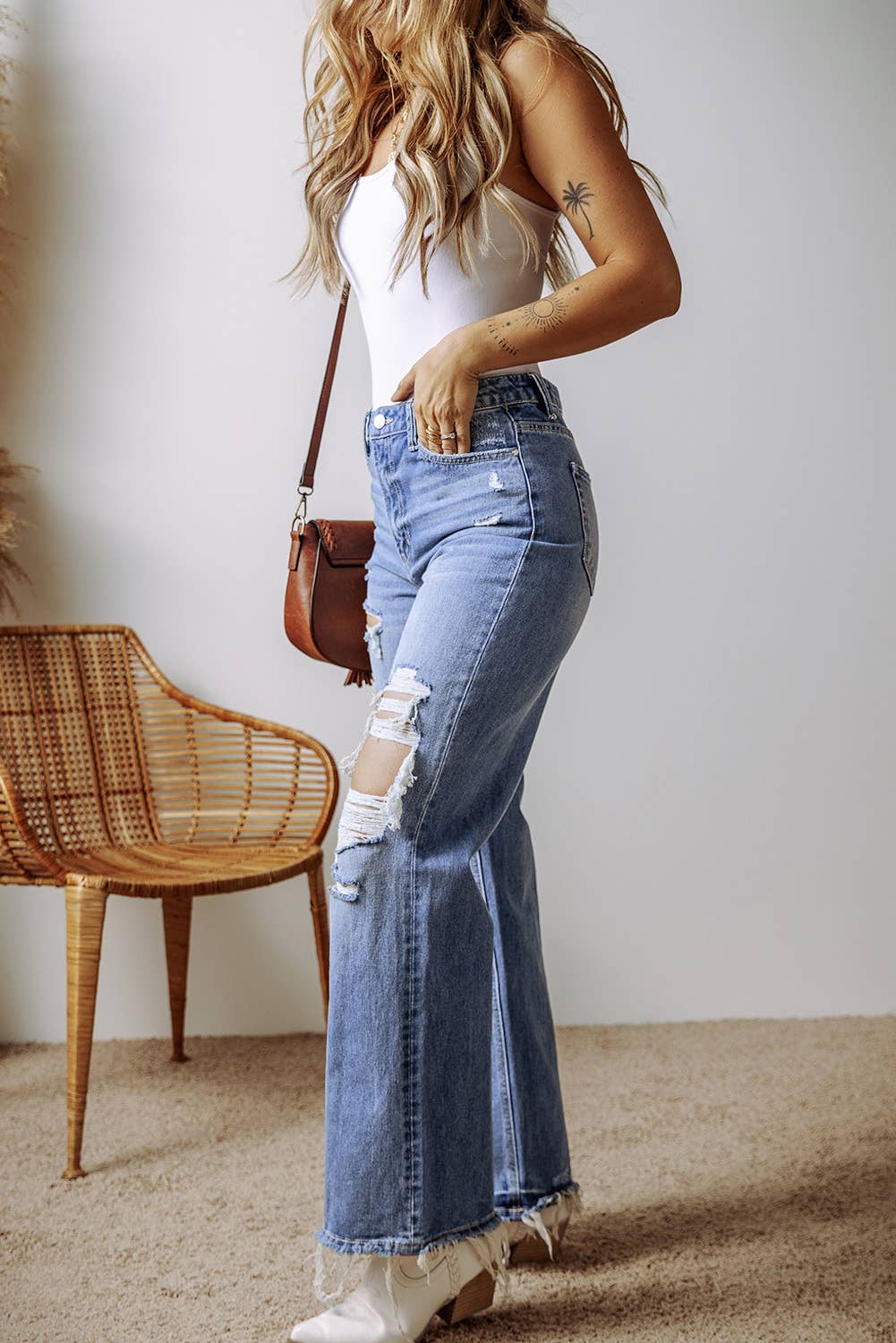 Blue Distressed Hem Straight Leg Denim Jeans