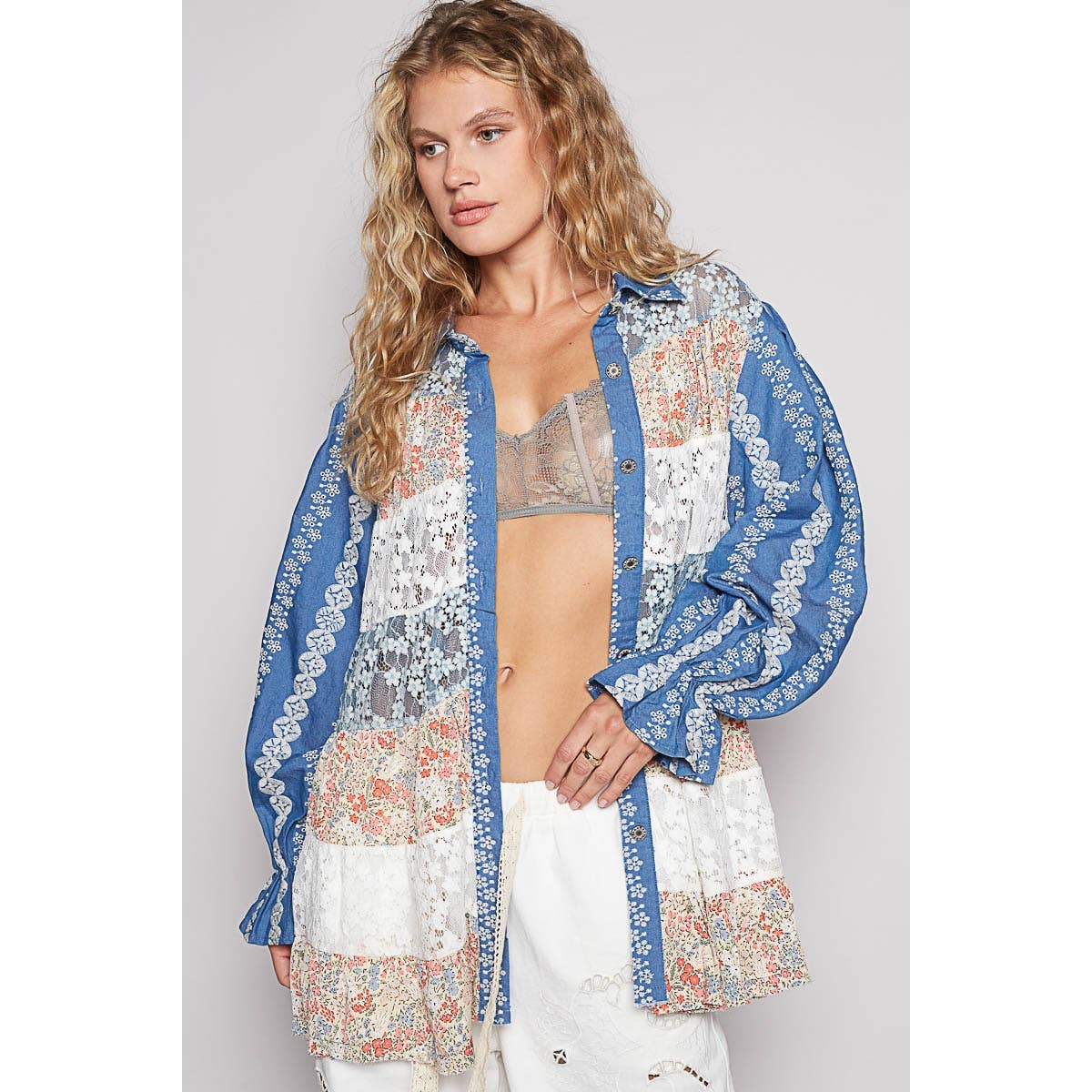 POL Balloon sleeve floral print lace patch shirt dress