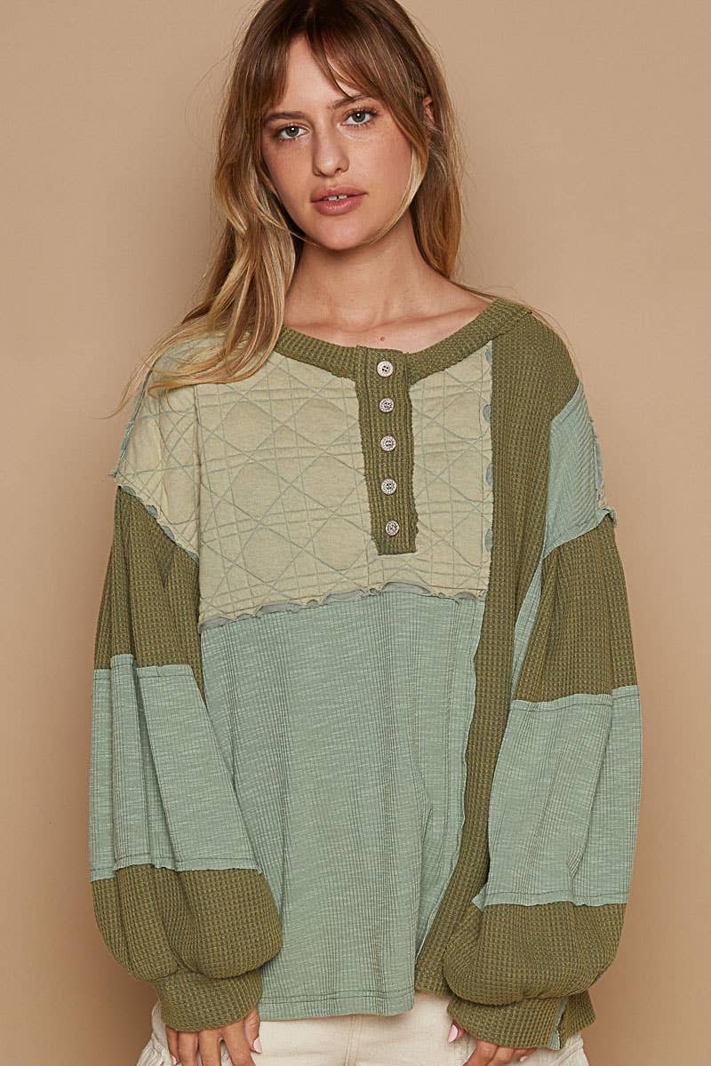 Round Neck Balloon Sleeve Thermal Contrast Knit Top