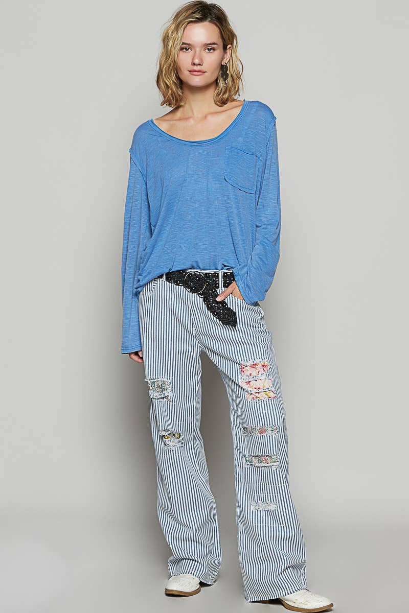 Pocket front long sleeve boat neck slub knit tee SALE