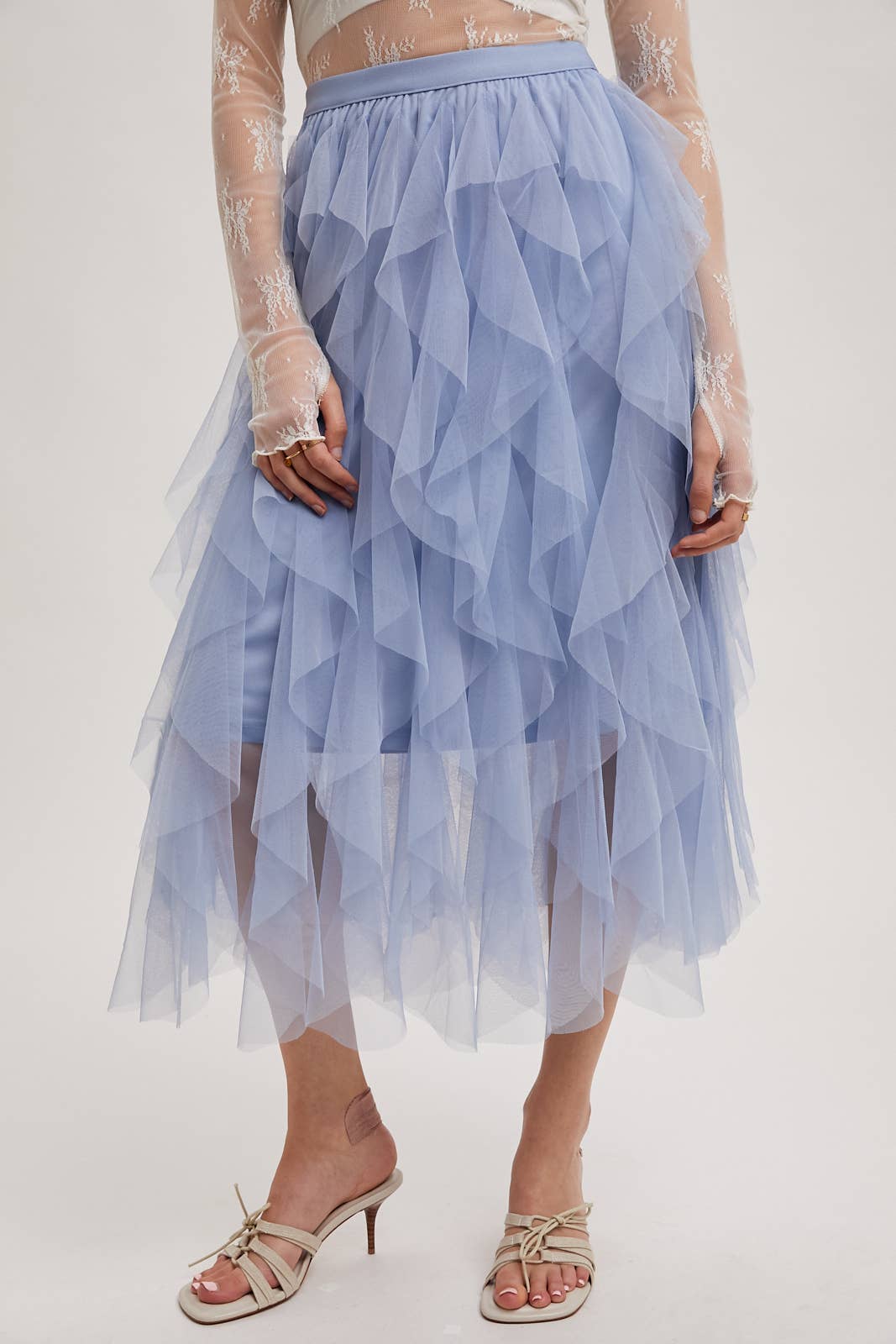 BluIvy SPIRIAL RUFFLED TULLE MIDI SKIRT
