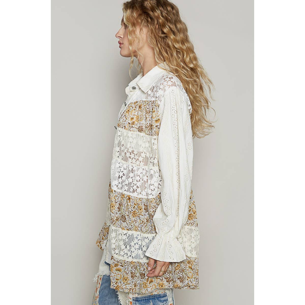 POL Balloon sleeve floral print lace patch shirt dress