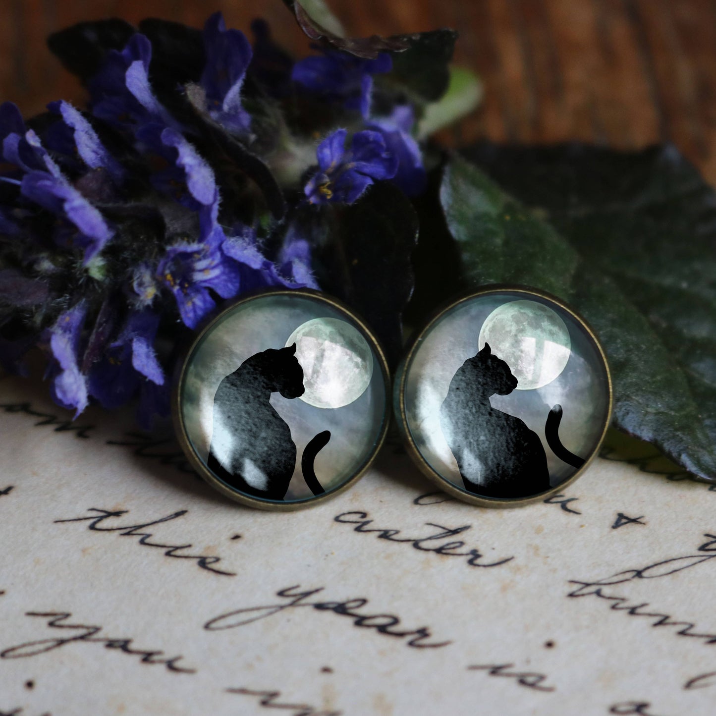 Black Cat and Full Moon Goth Halloween Post Earrings