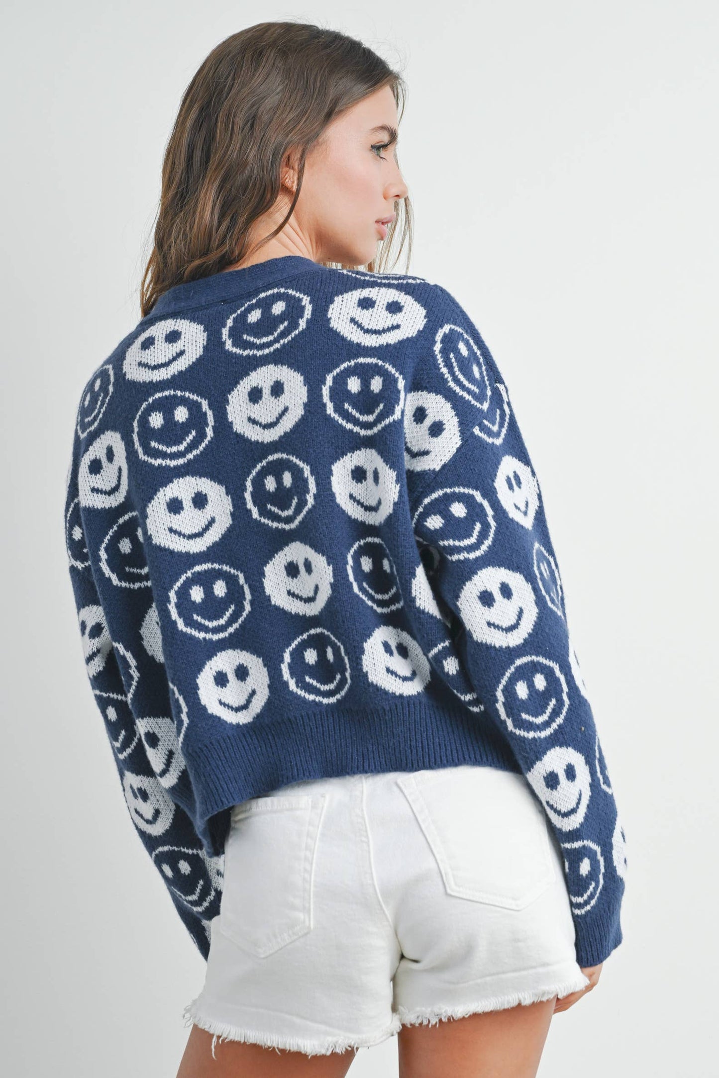 BMW7418 - SMILEY FACE RIBBED TRIM V-NECK CARDIGAN Blue