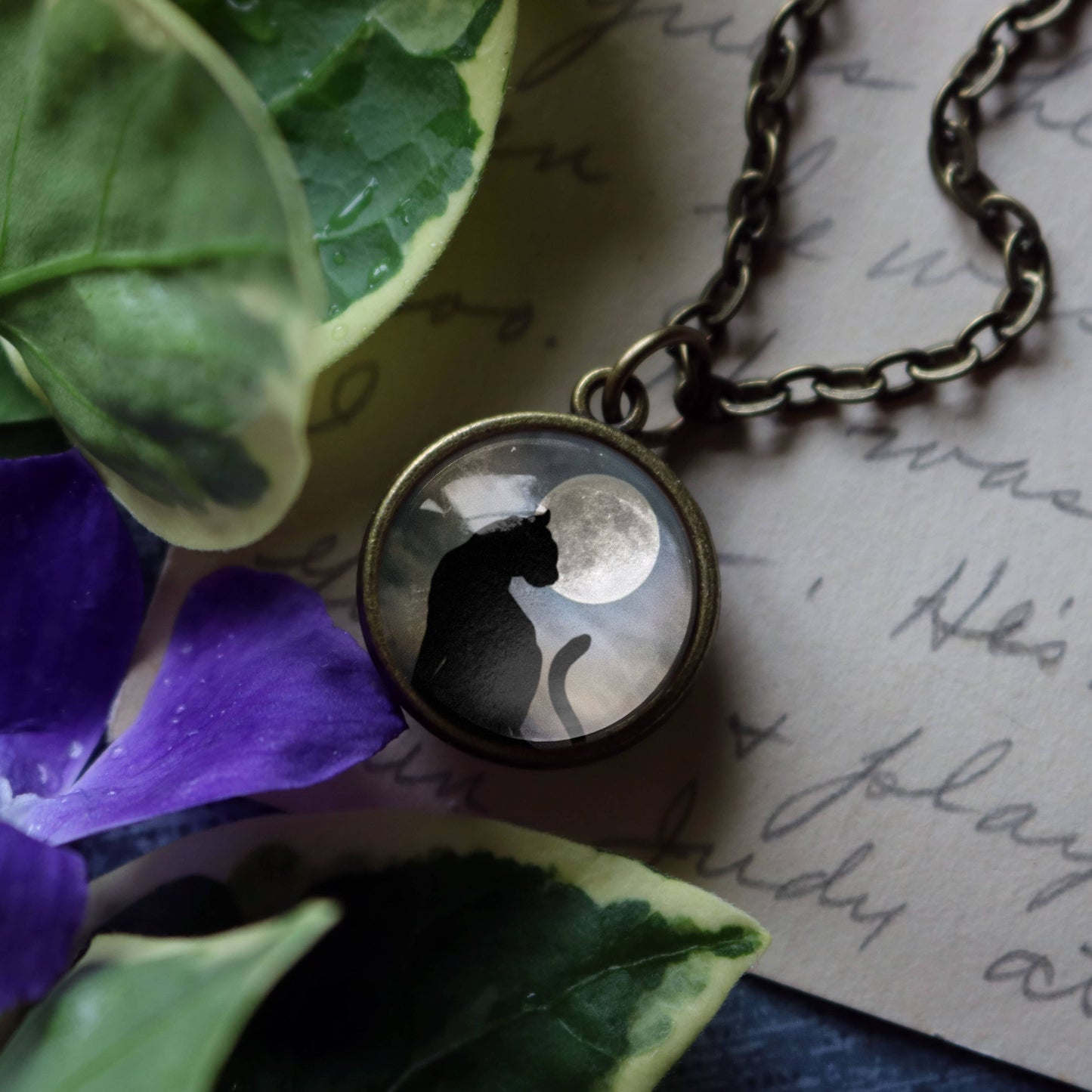 Black Cat and Full Moon Simple Reversible Pendant Necklace