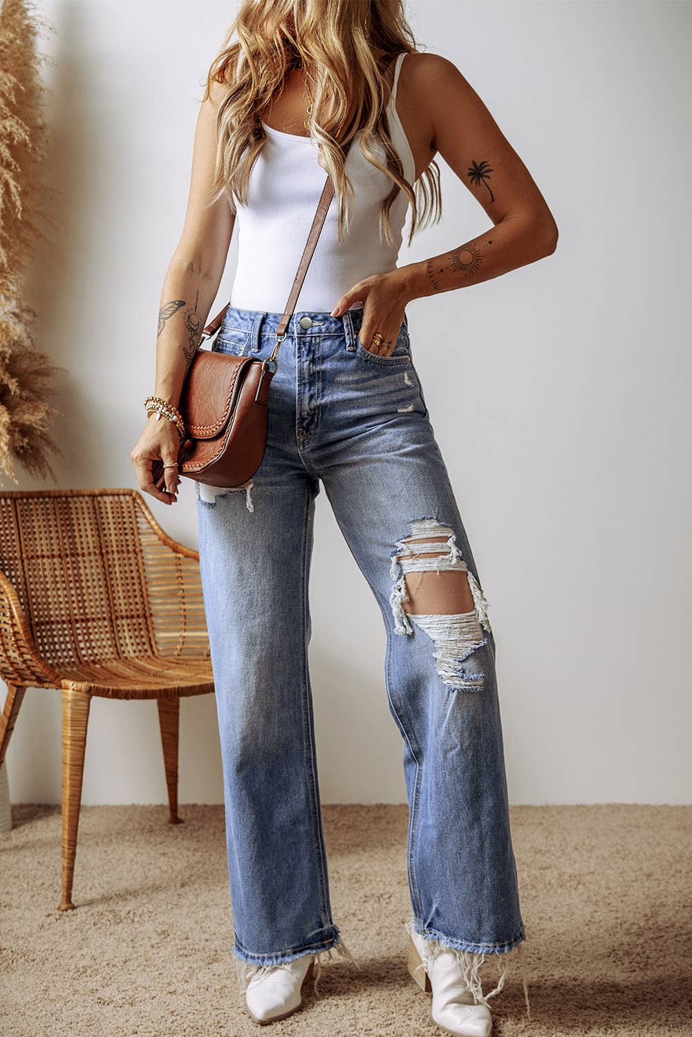 Blue Distressed Hem Straight Leg Denim Jeans