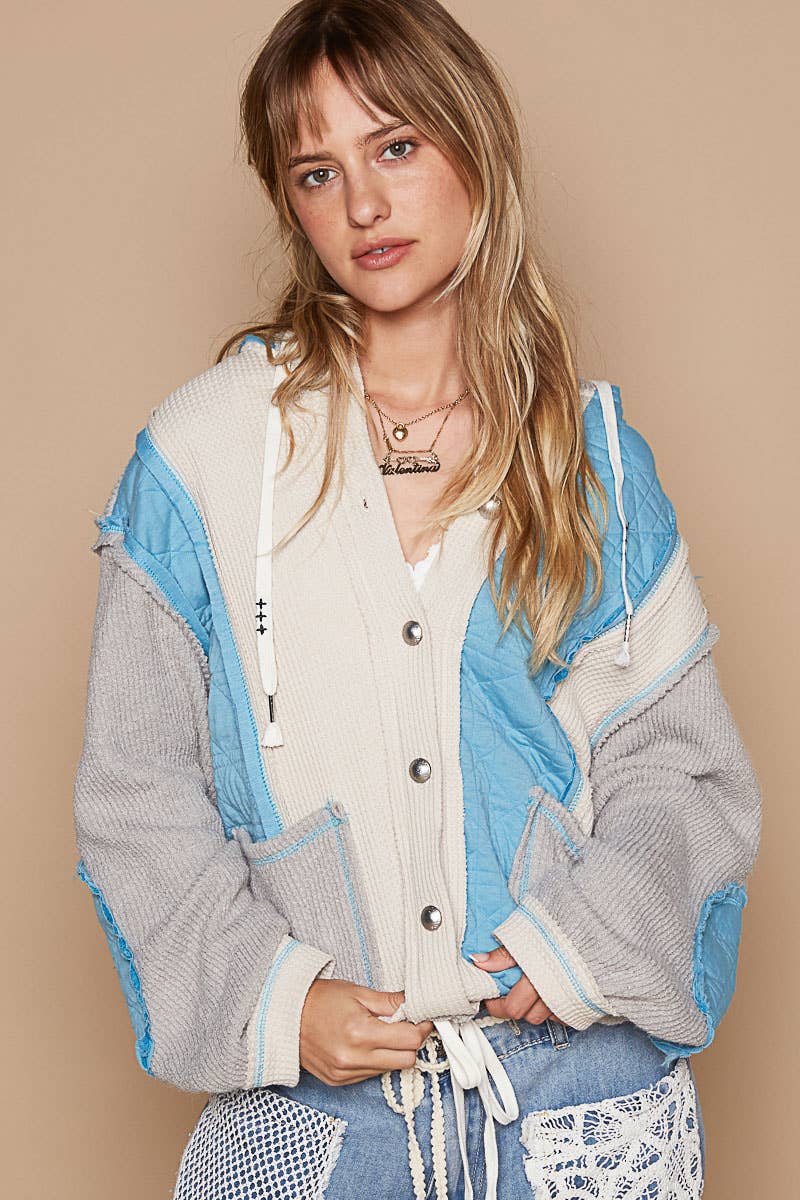 You had me at cozy multi fabric hooded button down combo shacket