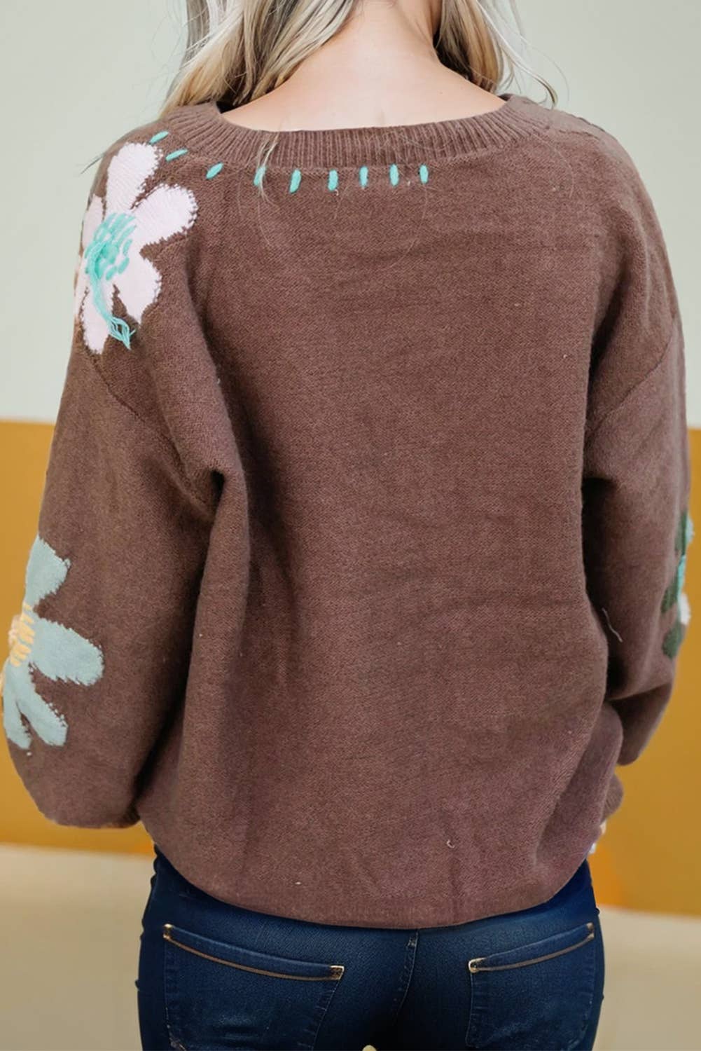 Flower Pattern V Neck Drop Shoulder Sweater | White