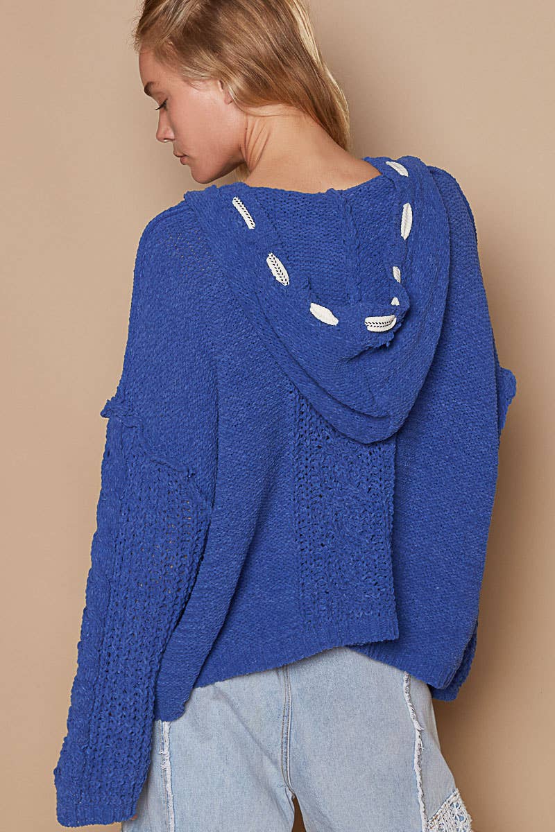 Oversize fit v-neck hooded cable knit chenille sweater