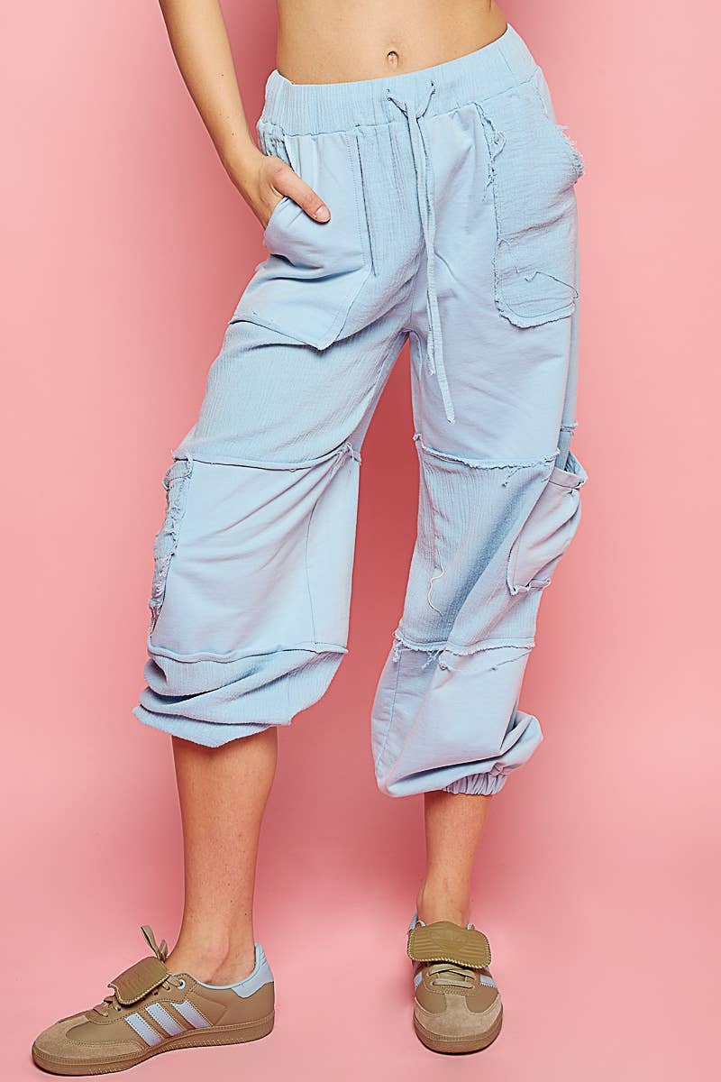 Contrast gauze open cargo pockets elastic waist joggers