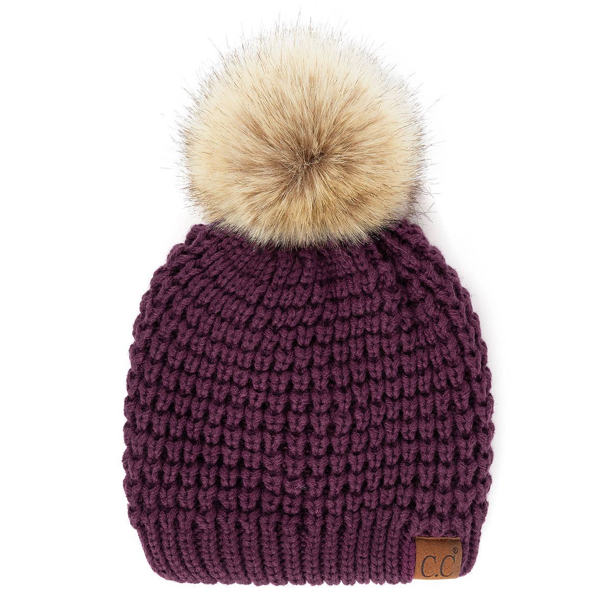 CC Cable Knit Faux Fur Pom Pom Beanie Hat