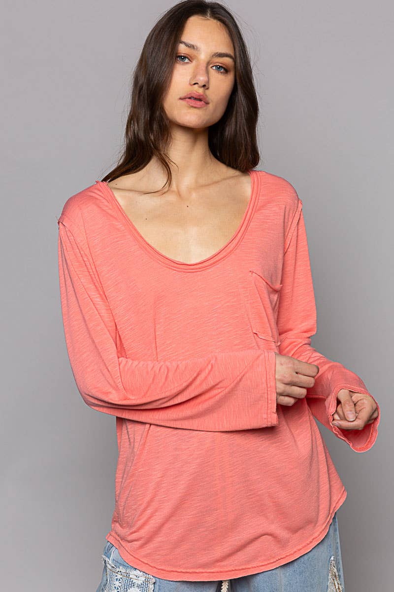 Pocket front long sleeve boat neck slub knit tee SALE