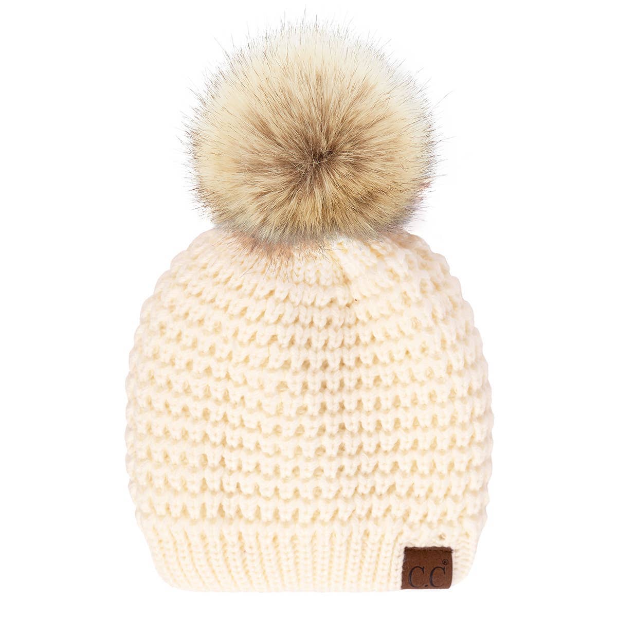 CC Cable Knit Faux Fur Pom Pom Beanie Hat