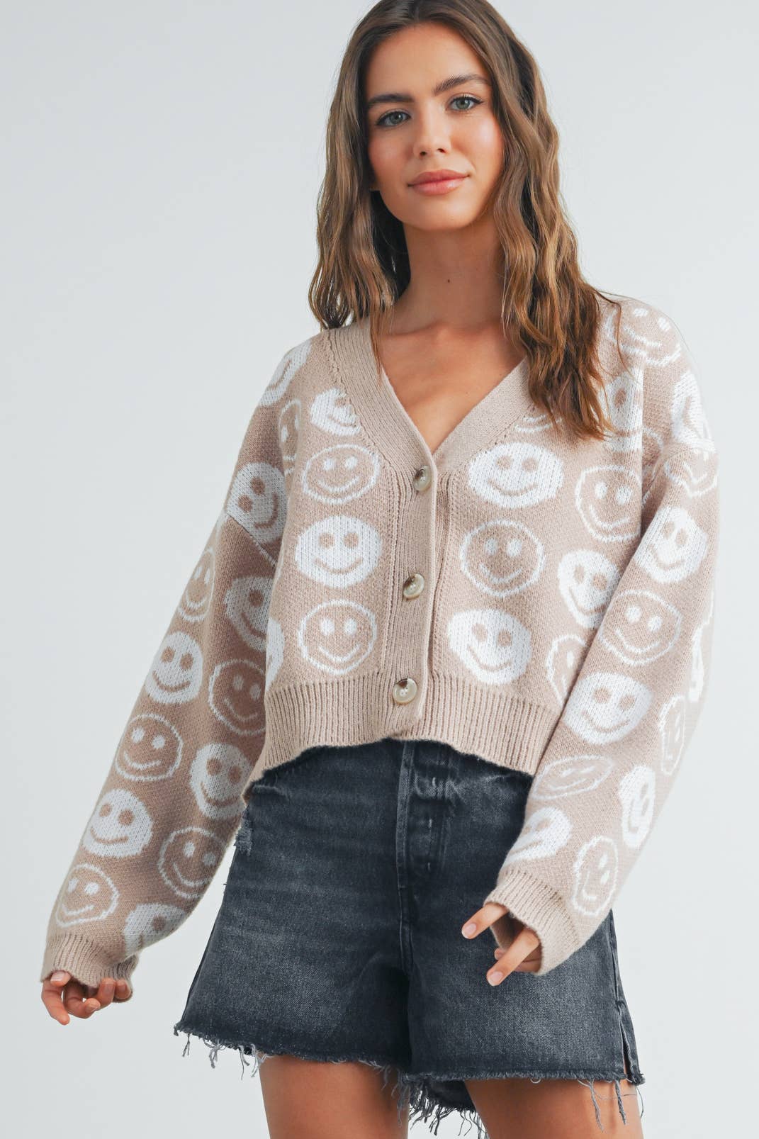 BMW7418 - SMILEY FACE RIBBED TRIM V-NECK CARDIGAN Blue