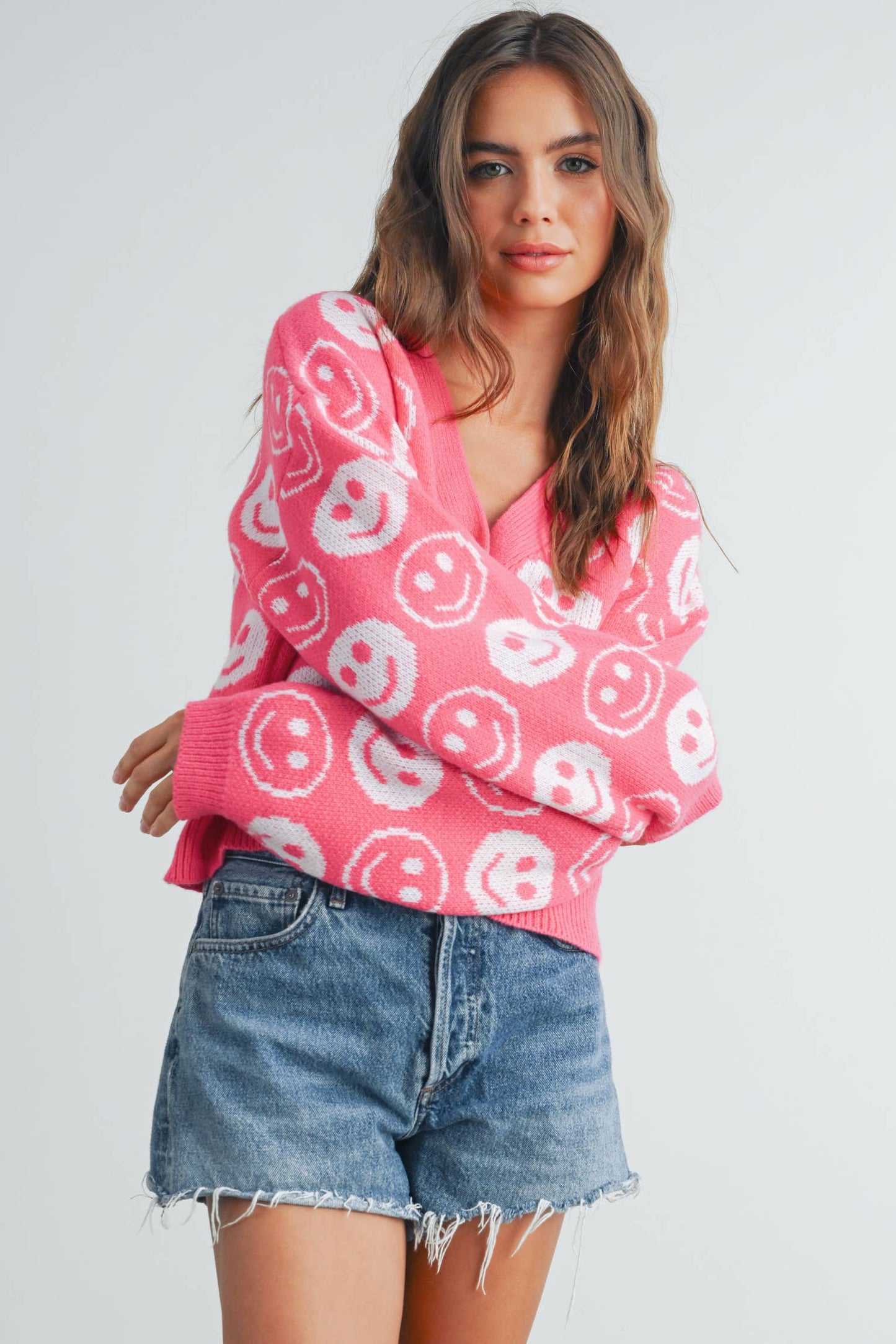 BMW7418 - SMILEY FACE RIBBED TRIM V-NECK CARDIGAN Blue