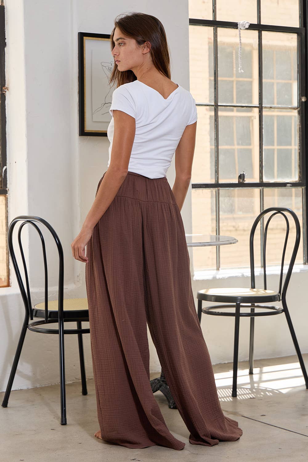 Bucketlist Wide Leg Flattering Drape Solid Cotton Gauze Pants
