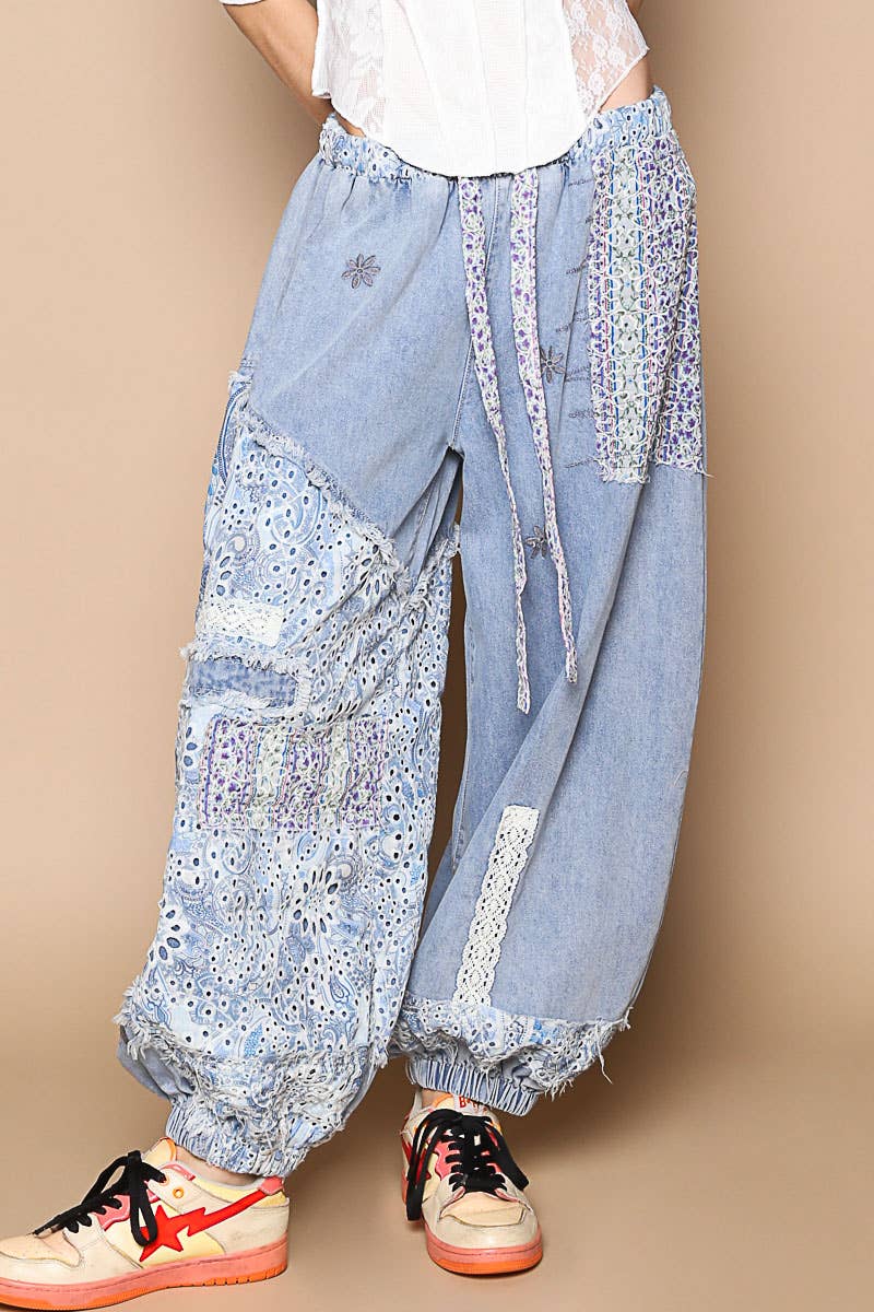 POL Floral print patchwork twill joger pants