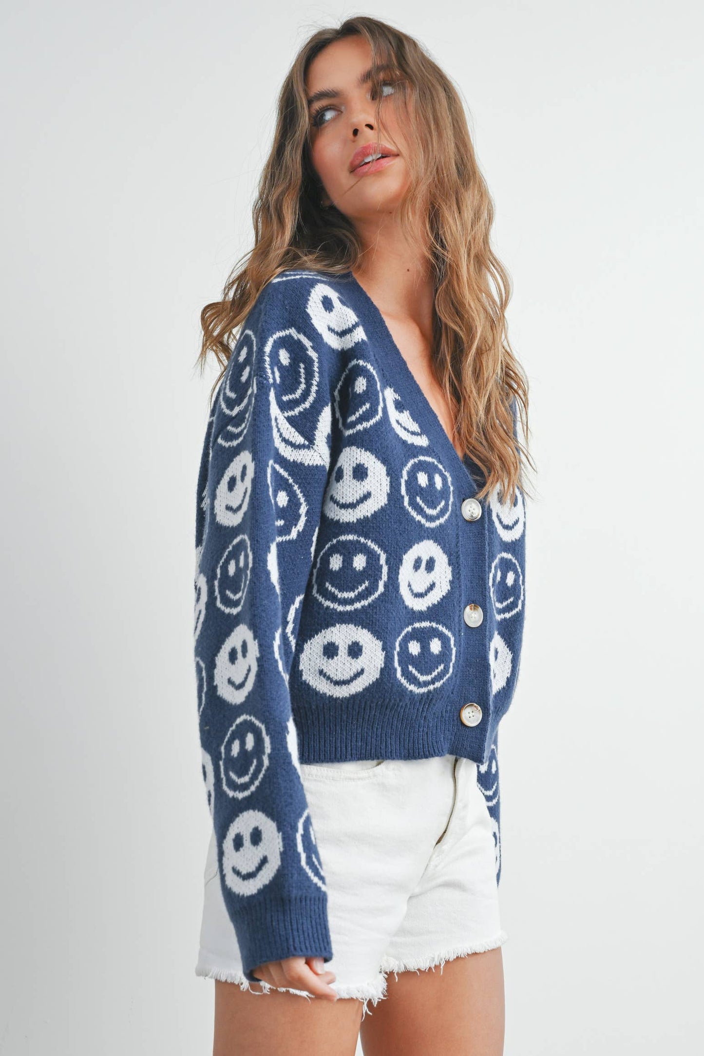 BMW7418 - SMILEY FACE RIBBED TRIM V-NECK CARDIGAN Blue