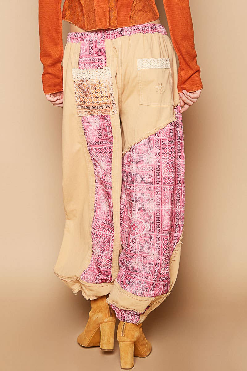 POL Floral print patchwork twill joger pants