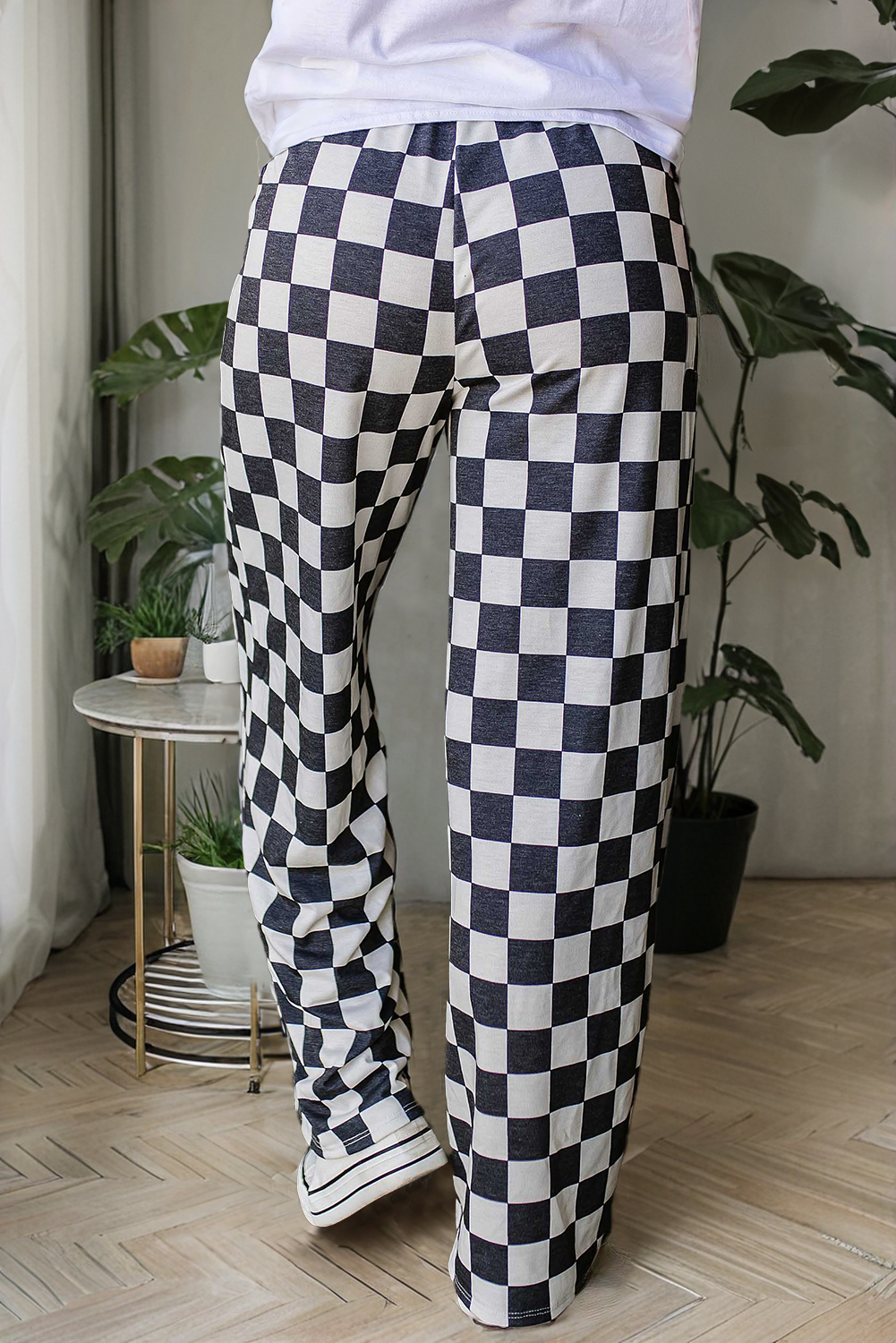 PINK/WHT Checked Print Wide Leg Pants