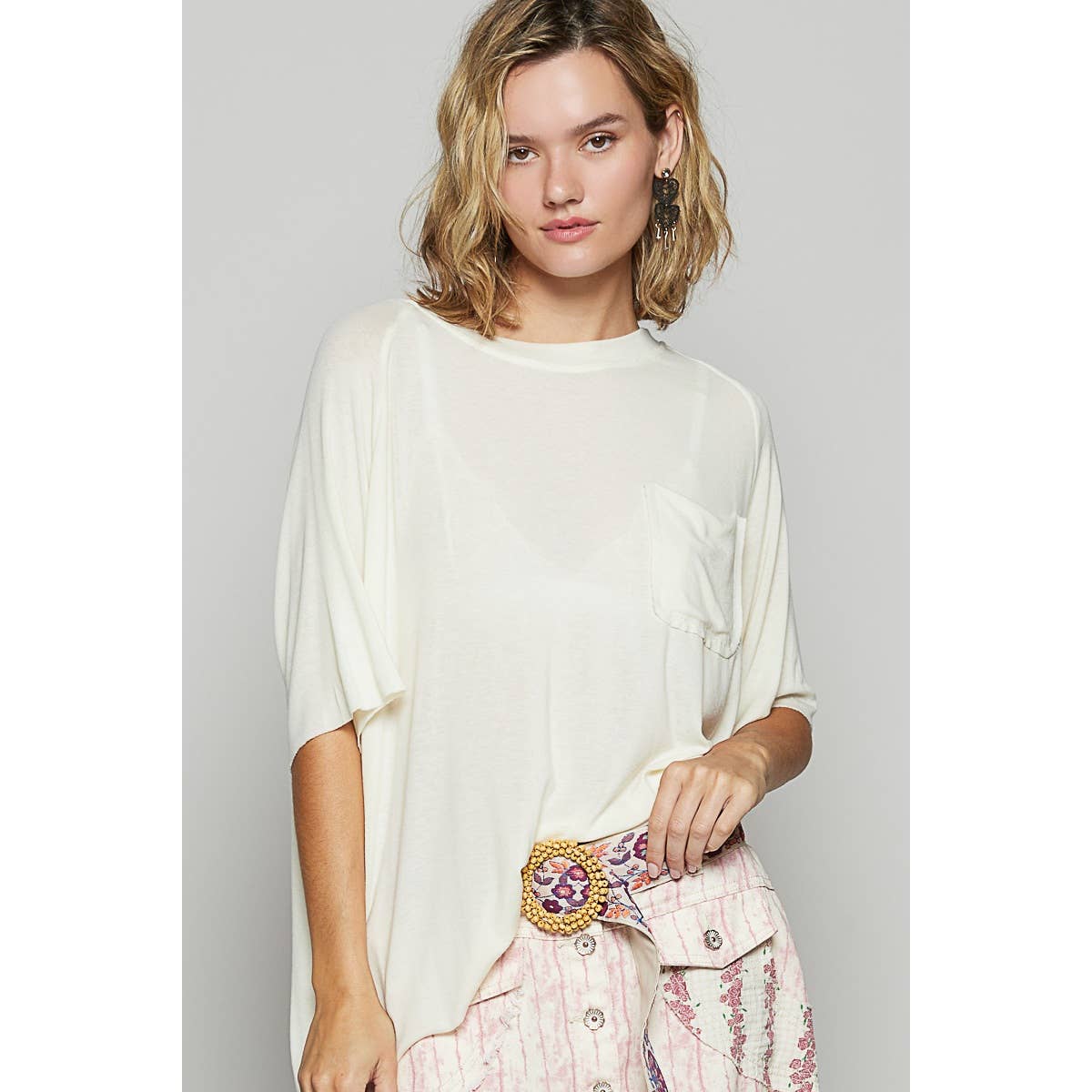 Vintage washed short sleeve front pocket solid top