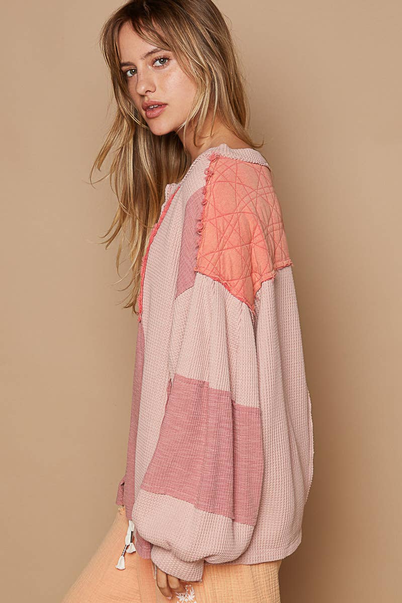 Round Neck Balloon Sleeve Thermal Contrast Knit Top