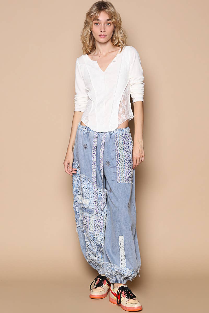 POL Floral print patchwork twill joger pants