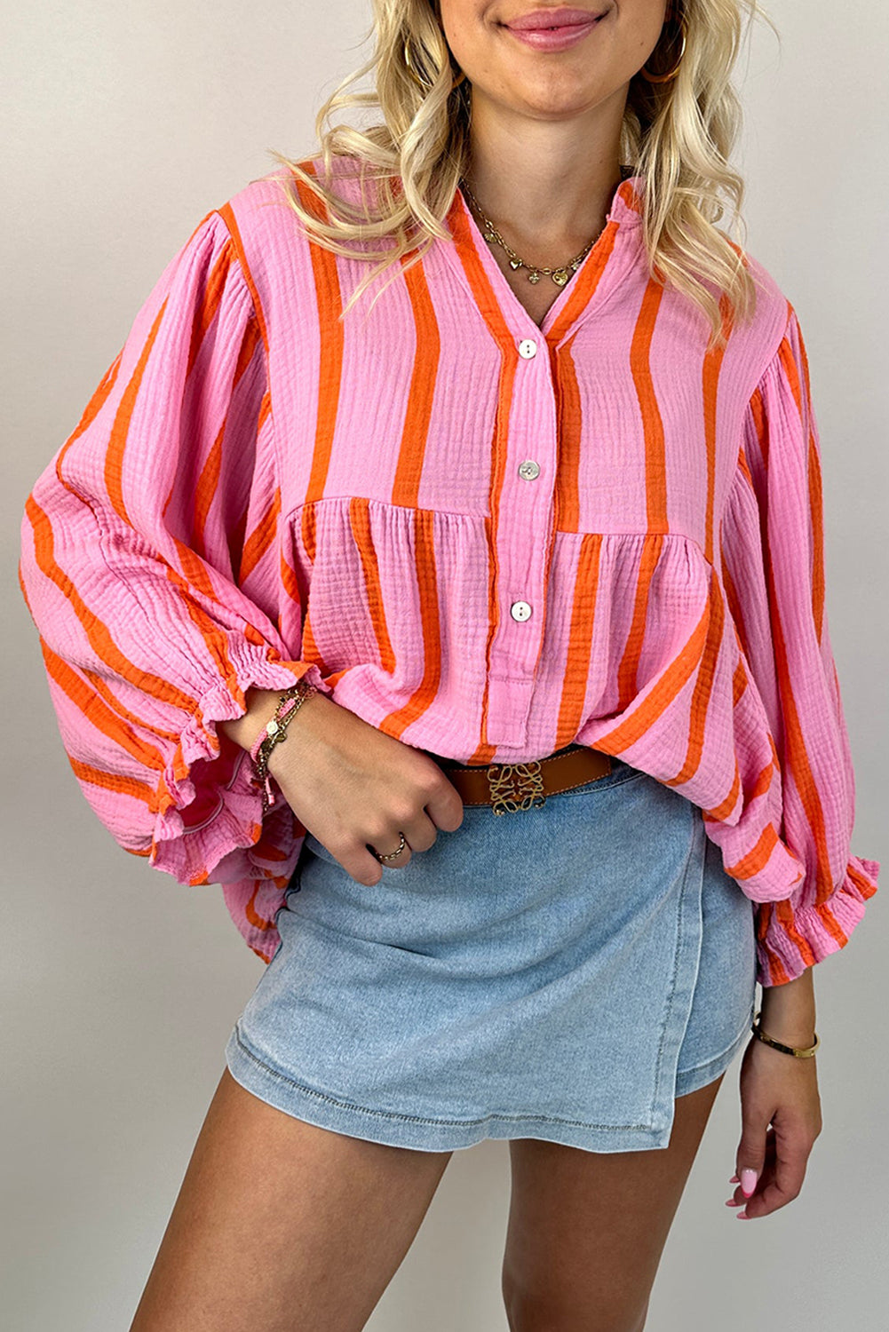 Sky Blue Stripe Crinkled Ruffled Sleeve Button Up Loose Shirt