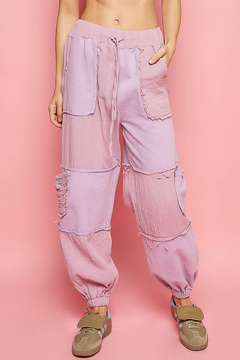 Contrast gauze open cargo pockets elastic waist joggers