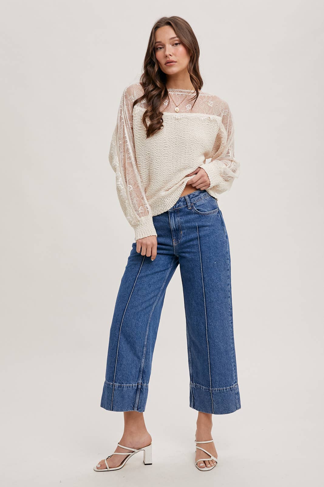 BOAT NECK LACE TRIMMED KNIT SWEATER
