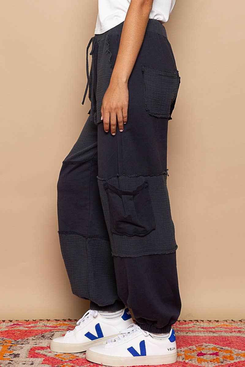 Contrast gauze open cargo pockets elastic waist joggers