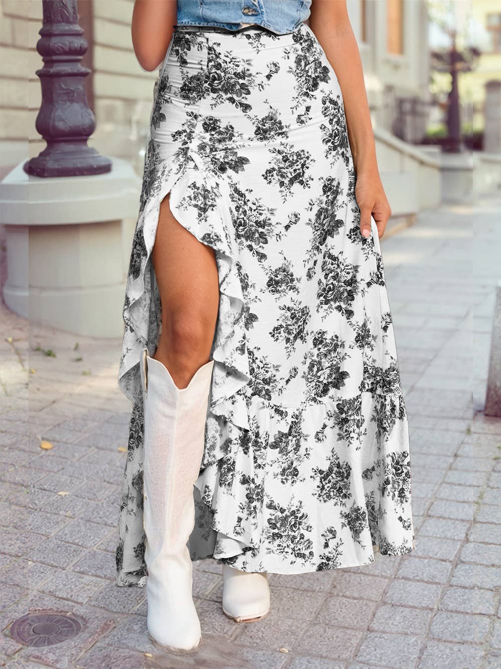 Boho Floral High Waist Ruffle Split Maxi Skirt